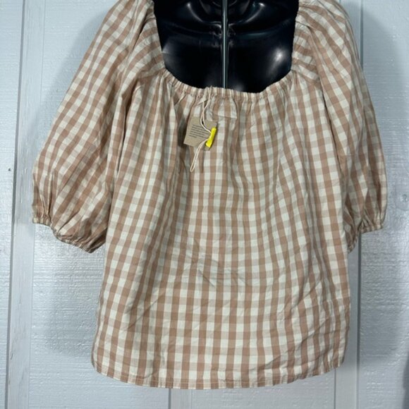 Faherty Cali Check Puff Sleeve Beige Gingham Organic Cotton Top Size Medium NWT - Picture 5 of 9